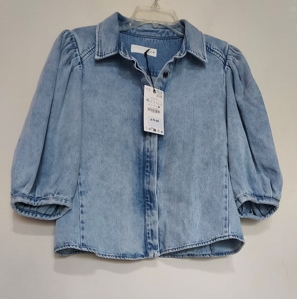Zara Zw Collection Light Blue Denim Shirt With Puffed Sleeves Sz-XL - Picture 7 of 10